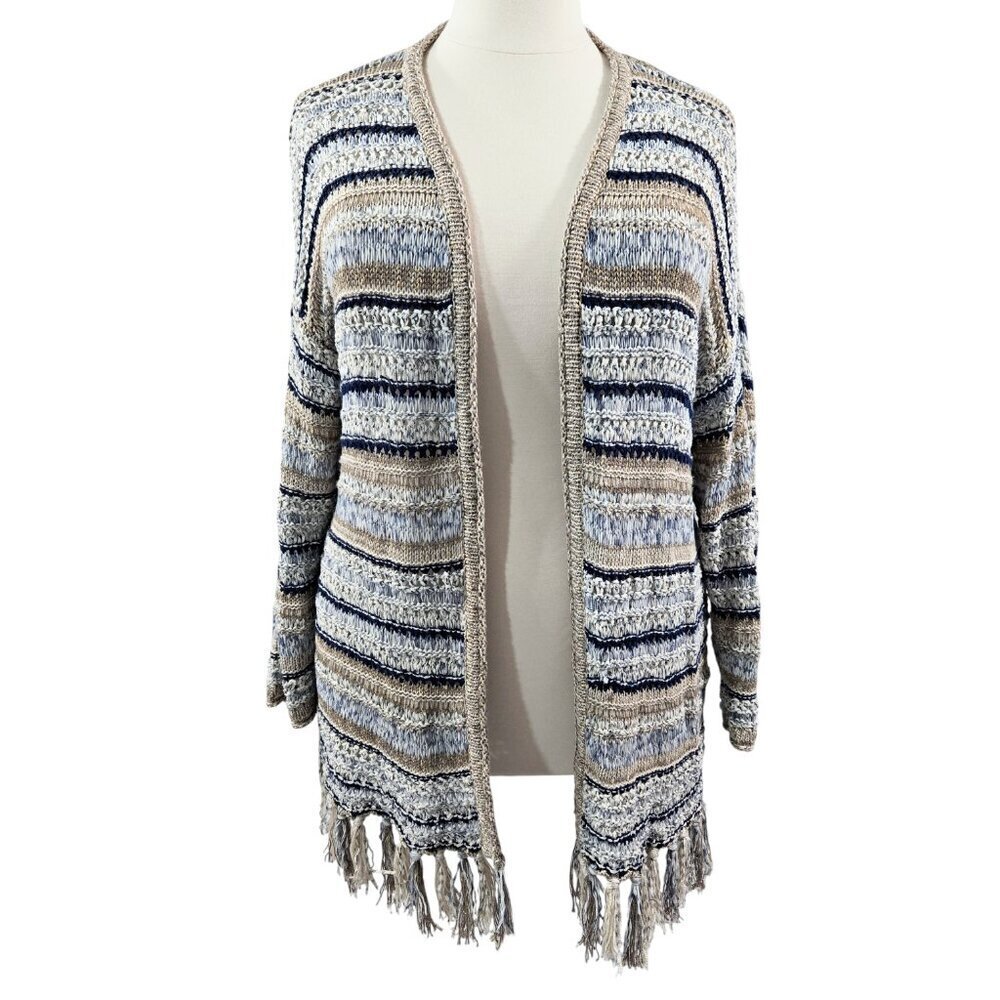 Chico's Tan Blue Stripe Open Knit Fringe Trim Longline Cardigan Boho Beachy